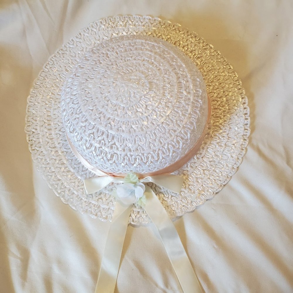 White Straw Hat with Peach and White Satin Ribbon Band
